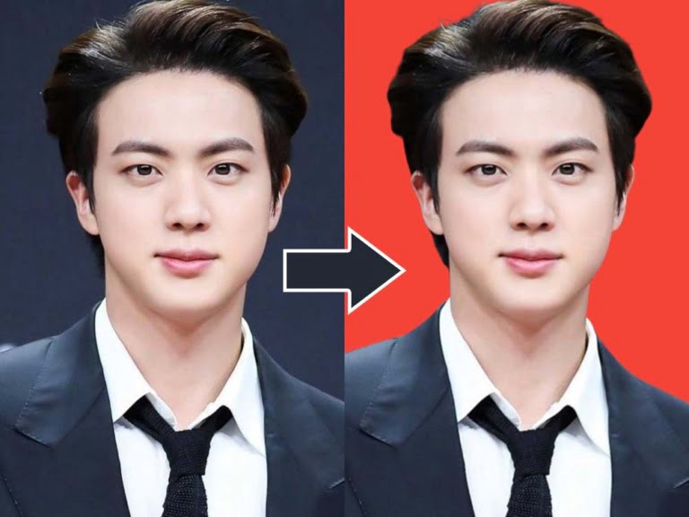 Jin BTS edit background merah online dengan cara muda. (photo/dok.Pribadi)