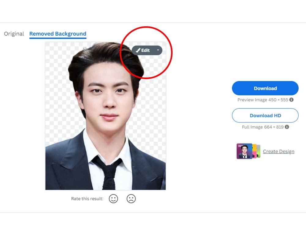 Jin BTS edit background merah online dengan cara muda. (photo/dok.Pribadi)